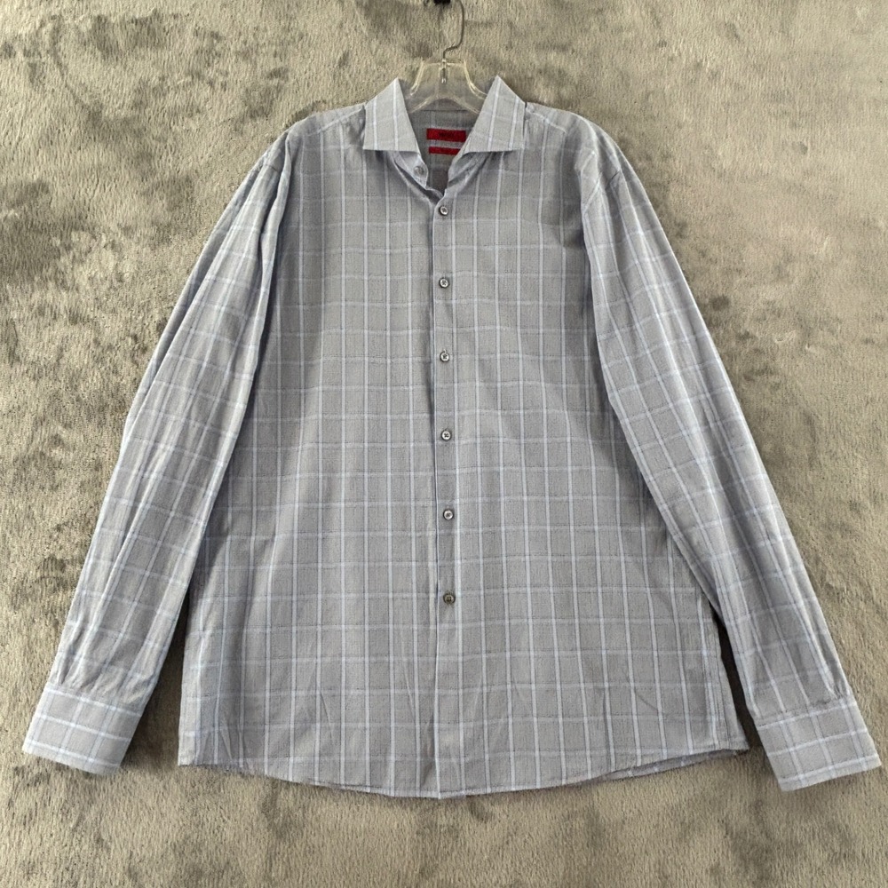Hugo Boss Sharp Fit Dress Shirt Mens 17 36/37 Blue Plaid Long Sleeve Button Up